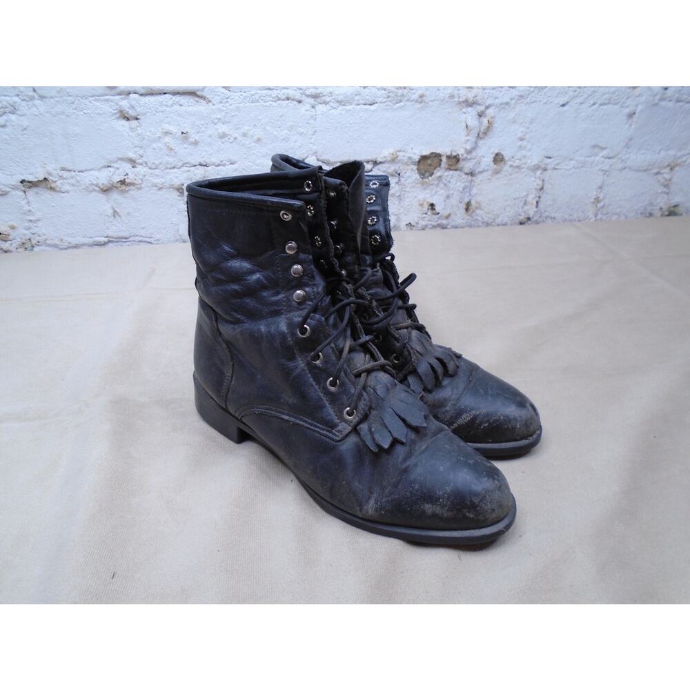 Vintage J. Chisholm Roper Lace Up Boots Womens 6.5 Black Leather Western